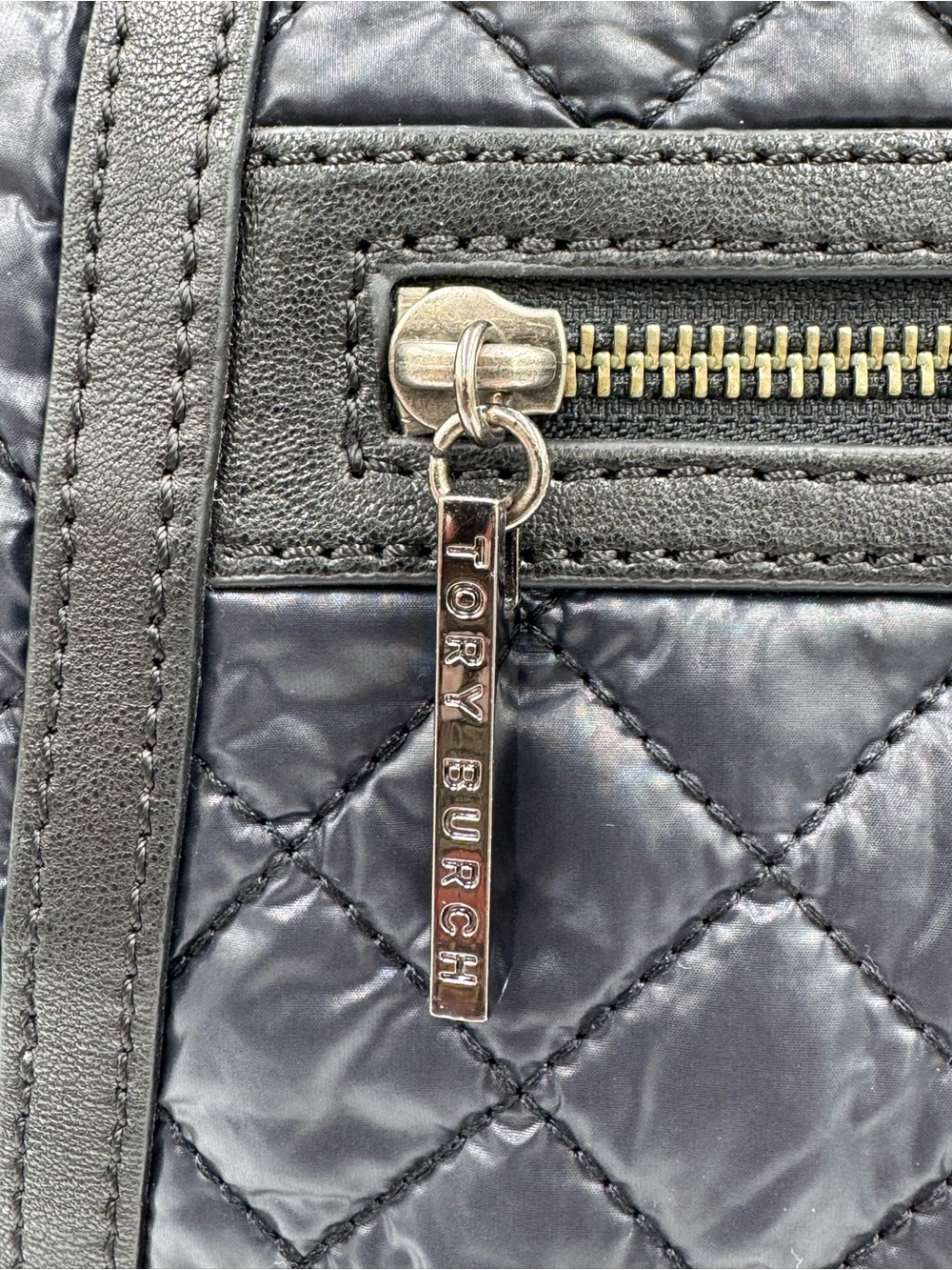Tory Burch Quilted Black Nylon Shoulder Hobo with Leather Trim & Chain Strap - Picture 2 of 13
